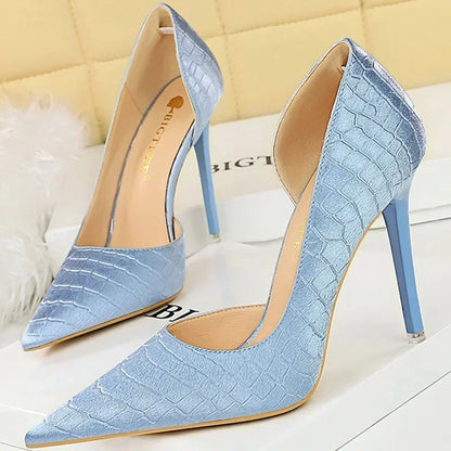 Women 11cm High Heels Retro Green Blue Fashion Catwalk Pumps Lady Silk Satin Heels Stone Pattern Design Shoes Plus Size 34-43