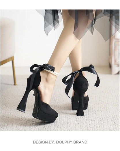 2025 Summer High Heels Womens Sandals Fashion Super High Heels Sandals Bow One Word Buckle Square Head Coarse Heels Ladies Shoes