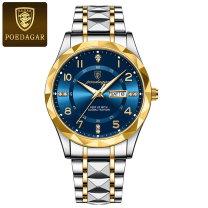 POEDAGAR Luxury Business Men's Wristwatch Stainless Steel Date Week Man Watch Waterproof Luminous Fashion Quartz Watches For Men