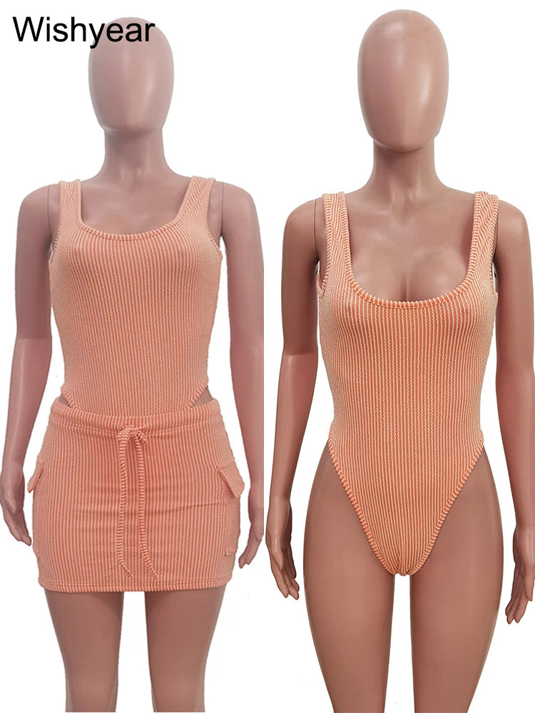 Swimsuit 2 Pieces Set Women Mini Skirts with Pocket Beach Outfits