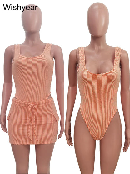Swimsuit 2 Pieces Set Women Mini Skirts with Pocket Beach Outfits