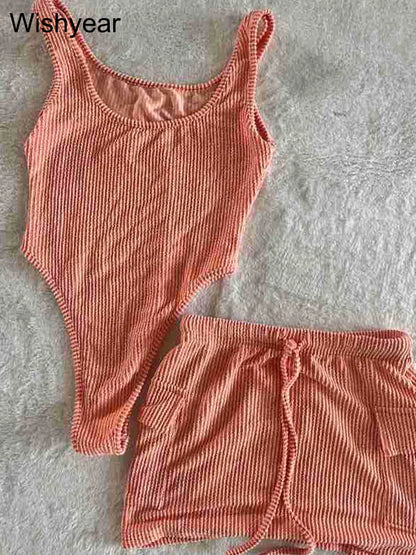 Swimsuit 2 Pieces Set Women Mini Skirts with Pocket Beach Outfits