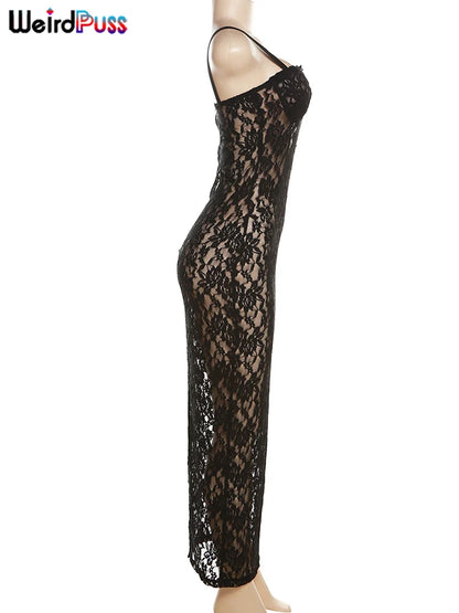 Lace See Through Black Women Maxi Dress