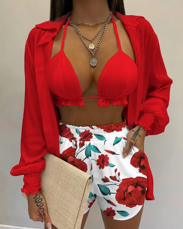 Three Pieces Swimwear Sexy Beachwear High Waist Bikini Set Print Women's Swimsuit