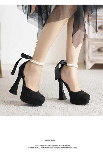 2025 Summer High Heels Womens Sandals Fashion Super High Heels Sandals Bow One Word Buckle Square Head Coarse Heels Ladies Shoes