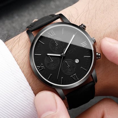 1/2PCs Men's Casual Calendar Watch Fashionable Men's Temperament Leather  Quartz Watch Unisex Watch Set(Box Not Included)