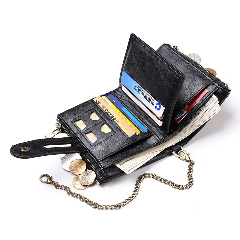 JINBAOLAI New Men's Wallet Chain Retro Double Zipper Coin Pocket Male Wallet Money Clips Multi Card Wallet For Men