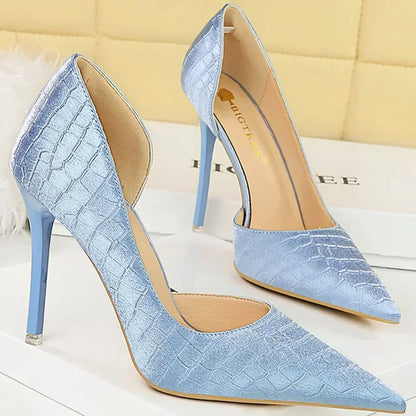 Women 11cm High Heels Retro Green Blue Fashion Catwalk Pumps Lady Silk Satin Heels Stone Pattern Design Shoes Plus Size 34-43