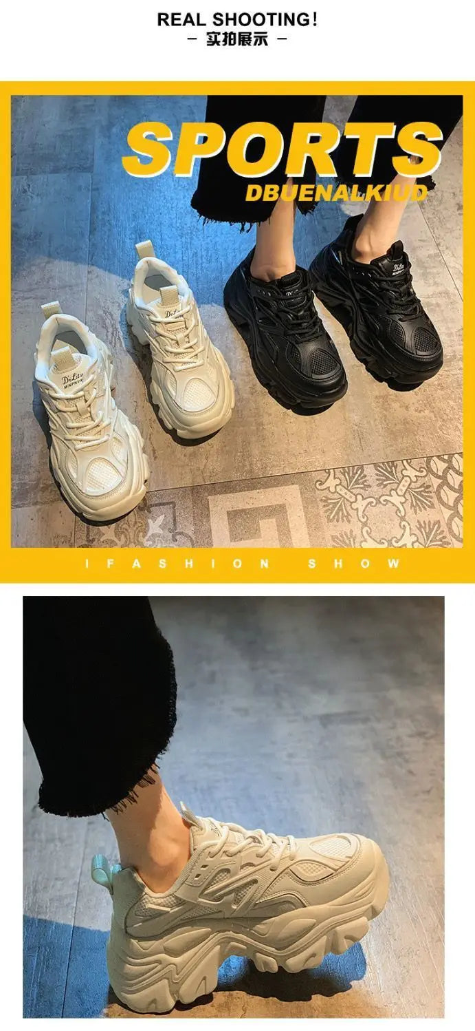 2024 New Women New Fashion Platform Sport Shoes Women Summer Black Casual Chunky Sneakers Women Mesh Leather Platform Shoes