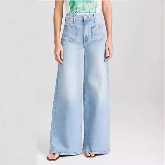 Women Wide Leg Flared Denim Pants Ladies Casual High Waisted Long Jeans