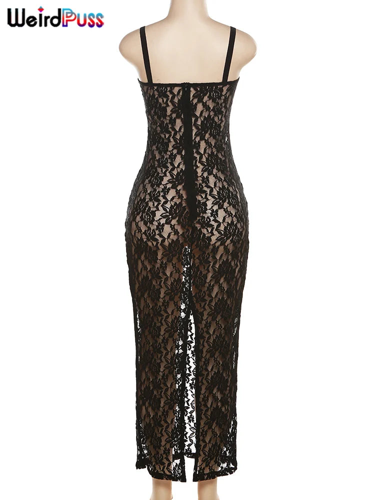 Lace See Through Black Women Maxi Dress