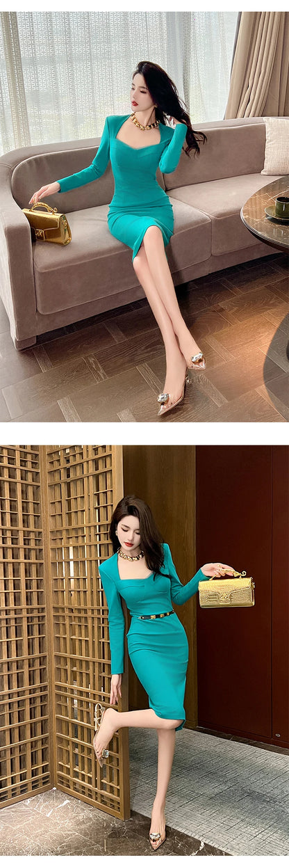 French Elegant Dress for Women High Quality Celebrity Long Sleeve Bodycon Robe Female Party Business OL Vestidos Banquet Clothes