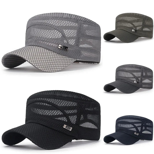 FashionSummer Men's Summer Hat Mesh Military Caps FlatTop Snapback Adjustable Baseball Cap Cadet ArmyMan Breathable Trucker Caps