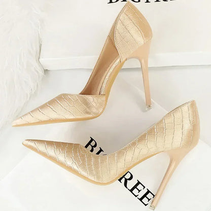 Women 11cm High Heels Retro Green Blue Fashion Catwalk Pumps Lady Silk Satin Heels Stone Pattern Design Shoes Plus Size 34-43