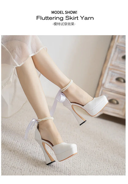 2025 Summer High Heels Womens Sandals Fashion Super High Heels Sandals Bow One Word Buckle Square Head Coarse Heels Ladies Shoes