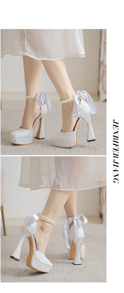 2025 Summer High Heels Womens Sandals Fashion Super High Heels Sandals Bow One Word Buckle Square Head Coarse Heels Ladies Shoes