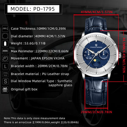Pagani Design 2025 New 40mm Moon Phase Multifunctional Men Watch 100m Waterproof Sapphire Glass Men Quartz Watches