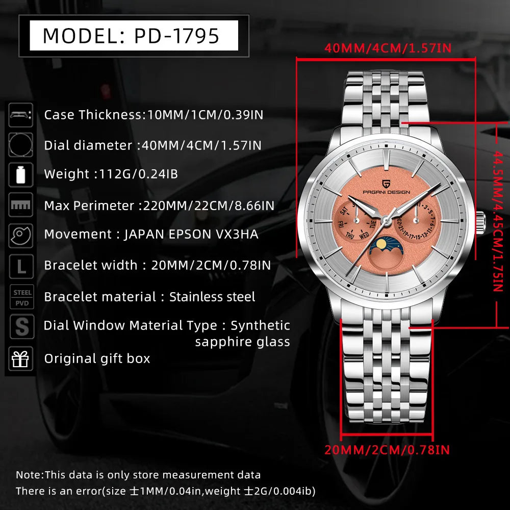 Pagani Design 2025 New 40mm Moon Phase Multifunctional Men Watch 100m Waterproof Sapphire Glass Men Quartz Watches