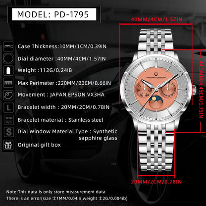 Pagani Design 2025 New 40mm Moon Phase Multifunctional Men Watch 100m Waterproof Sapphire Glass Men Quartz Watches