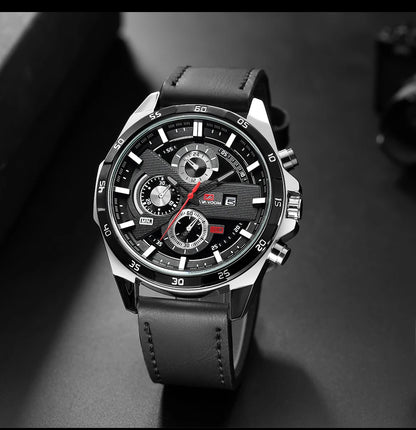Black Leather Watch Top Brand Motorsport Series 46mm Large Military Style Quartz Movement Decorative Calendar Watch reloj hombre