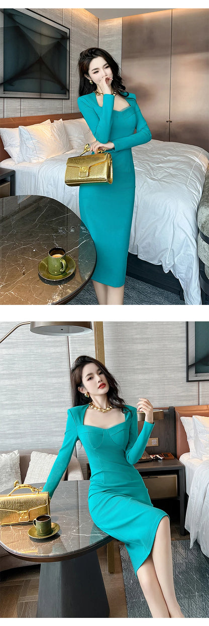 French Elegant Dress for Women High Quality Celebrity Long Sleeve Bodycon Robe Female Party Business OL Vestidos Banquet Clothes