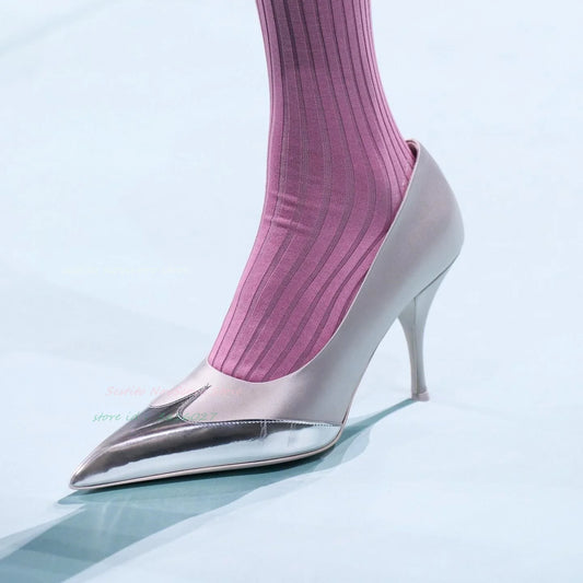 Pointy Toe High Heels Pumps Mirror Effect Leather Patchwork Matt Leather Slip On Classic Summer Office Lady Comfort Sandals